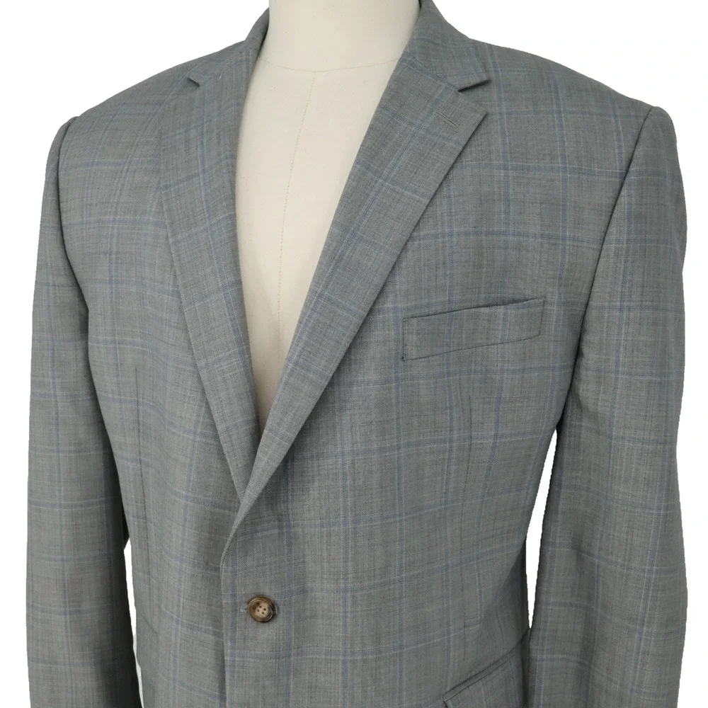 LRL Ralph Lauren Sport Coat Mens 48R Light Gray Plaid Wool Blend Blazer Jacket
